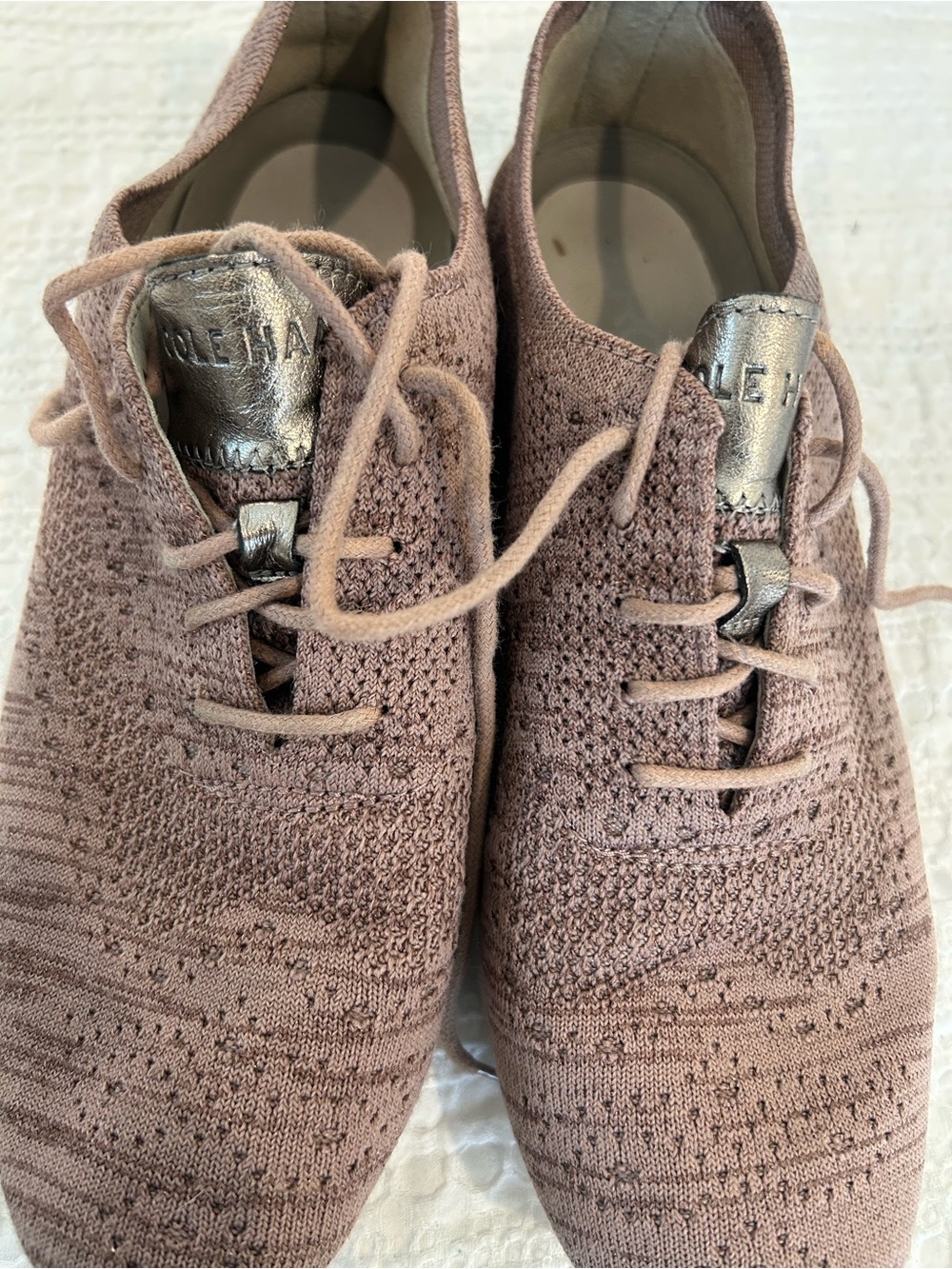 Cole Haan Women Knit Lace-Up Sneakers in Rose Taupe with Metallic Silver Tongue
